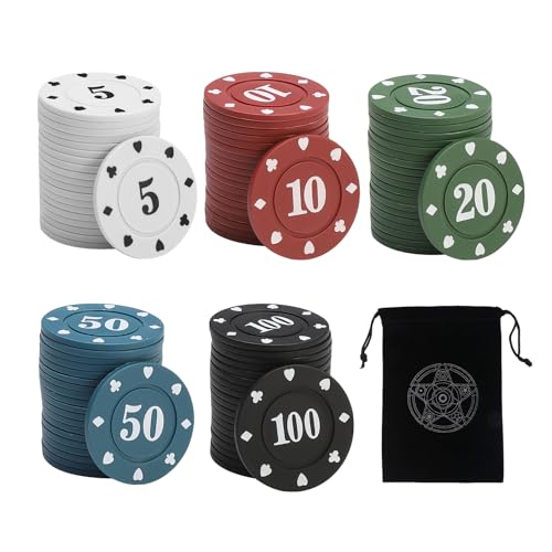 KSBBHDS 100 Pokerchips Mit 1 Aufbewahrungstasche, Spiel-Wertungschips, Fünffarbiges Chip-Set, Mathe-Zähler, Brettspiel-Wertungschips, Interaktive Spielzeugchips, Partyspiel-Requisiten von KSBBHDS