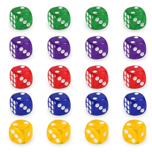 KSJEHW 20 Stück Polyedrische Würfel D6 Würfel Spielwürfel aus Acryl 14 mm Bunter Würfel Mehrfarben Würfel Set Würfel für Würfelspiele Tischspiele 5 Farben von KSJEHW