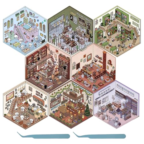 8er-Set DIY 3D House Stickers mit 2 Pinzetten Langlebig Nicht Leicht Reißt 3D Sticker Scene aus hochwertigem PET-Material 19 x 12.5 cm 3D GIY Scene Stickers Geschenk für Kinder (B) von KTCINA