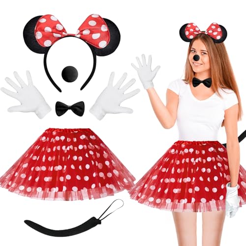 Karneval Kostüm Damen Maus,Maus Kostüm Erwachsene,Kostüm Damen Fasching Maus enthalten Tutu Tüllrock,Maus Ohren,Handschuhe,Krawatten,Tüllrock Rot für Fasching Karneval Halloween Motto Cosplay Party von KTWSUEF