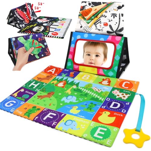 KUANGO Tummy Time Infant Toys Newborn Toys Baby Mirror with Floor Mat High Contrast Crinkle Baby Book and Teether Black and White Baby Toys 4 6 9 12 Month Boys Girls Sensory Toy von KUANGO