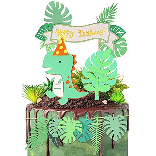 Dinosaurier Tortendeko Geburtstag, Happy Birthday Cake Topper Girlande Grün Blatt Cupcake Topper Dinosaurier Kuchen Topper, Grün Dinosaurier Kuchendeko Geburtstag Torten Topper für Jungen Mädchen von KUAOWT