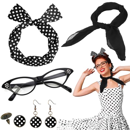 Rockabilly Accessoires Damen, 5TLG 60er 50er Jahre Rockabilly Kleider Damen Zubehör Schwarz, Polka Dot Haarband Stirnband Ohrringe Chiffon Schal Bandana Katzen Auge Brille für 1950s Kostüm Motoparty von KUAOWT