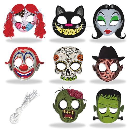 KUBDPQOR Halloween Masken Kinder, 8 Stück Halloween Masken, Halloween Bastelset, Halloween Bastelset Kinder, Halloweengeschenke für Jungen Mädchen Halloween Karneval Maskerade Cosplay Party von KUBDPQOR