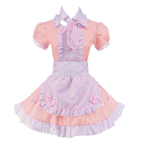 KUFEIUP Damen Dienstmädchen Schürze Outfit Kellnerin Uniform Kleid Cosplay Kostüm, Helles Pink, L von KUFEIUP