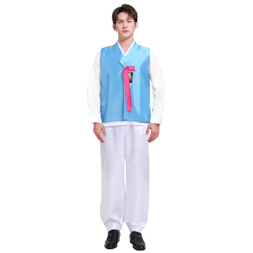 KUFEIUP Traditionelles Hanbok-Cosplay-Outfit für Herren, Hemd, Weste, Hose, Set, 3-teilig, Blau/Weiß, L von KUFEIUP