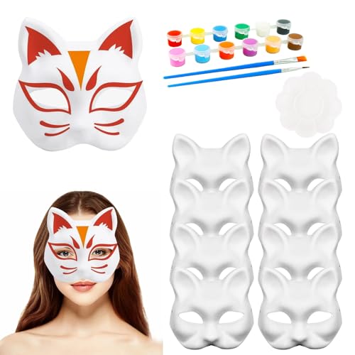 KUIZHEN DIY Katzenmaske, 8 PCS Cat Mask with 2 Stift, Leere Fuchsmasken, Therian Mask Weiß Geeignet für Halloween Rollenspiele Singles Partys Tänze Karneval(12 -Color -Pigment) von KUIZHEN