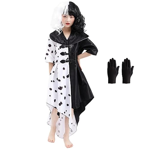 Cruella Devil Kostüm Kapuzenmantel Strickjacke - Böse Madame Kleid Strickjacke - Cruella Deville Kostüme Film Charakter Verkleidung Mädchen für Karneval Halloween Party (S) von KUJAIS