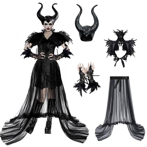 KUJAIS Maleficent Kostüm Damen: Böse Königin Kostüm Maleficent Hörner mit Gothic Federumhang Feder-Manschetten und Schwarzer Tüllrock Faschingskostüme Karneval Halloween Cosplay Party Kleidung von KUJAIS