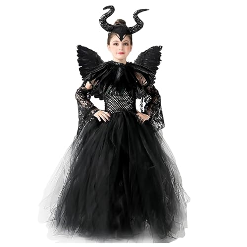 KUJAIS Maleficent Kostüm Mädchen: Kinder Böse Königin Hexe Kleid Set mit Hörner Kopfschmuck und Schwarz Flügel Umhang - Halloween Fasching Karneval Verkleidung Partykleid Outfit (L (120-135cm)) von KUJAIS