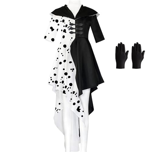 Karneval Kostüm Damen, Cruella Deville Kostüm Kleid Cosplay, Schwarzer und Weißer Dalmatiner Fleck Kleid Partnerkostümen Karneval (L) von KUJAIS