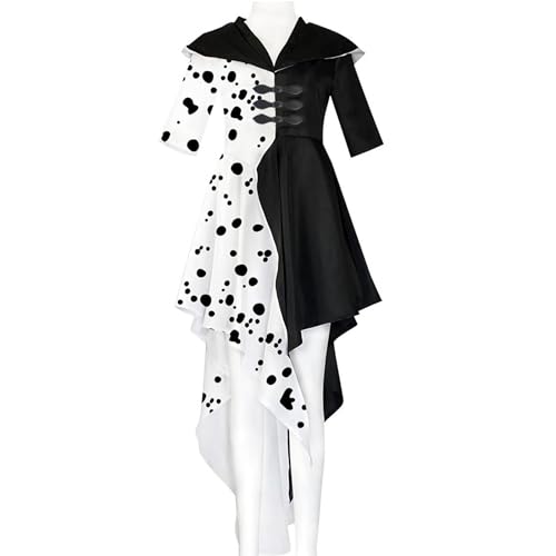 Karneval Kostüm Damen, Cruella Deville Kostüm Kleid Cosplay, Schwarzer und Weißer Dalmatiner Fleck Kleid Partnerkostümen Karneval (M) von KUJAIS