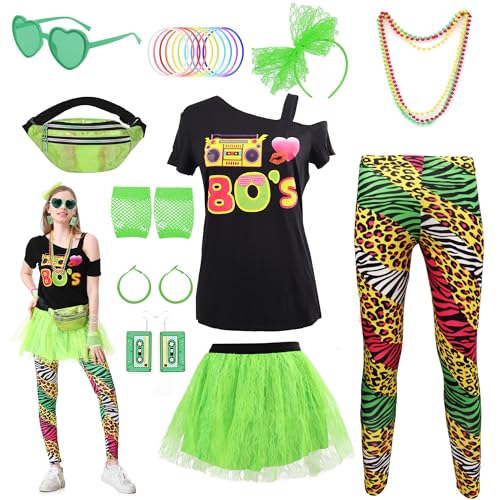 KUKIKUKI 80 Jahre Kostüm Zubehör für Damen Set, Leggings, T-Shirt, Tutu,Bauchtasche,Stirnband,Armband,Ohrringe,80s Women Accessories Set für 80er Frauen Thema Party Karneval (Grün, S) von KUKIKUKI