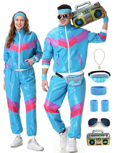 KUKIKUKI 80er 90er Jahre Outfit für Herren und Damen, Tracksuit Sportbekleidung, Streetwear Trainingsanzug Jogginganzug Outfit für 80er Jahre Outfit Herren Kostüm - Blau-3XL von KUKIKUKI