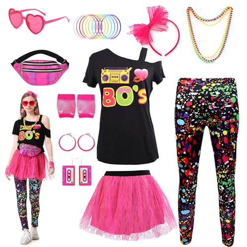 KUKIKUKI 80er Jahre Outfit Damen Set, Leggings T-Shirt Tutu Bauchtasche Stirnband Armband Damen 80 Jahre Kostüm Zubehör Accessories Set für 80er Frauen Thema Party Karneval (Rosa, 3XL) von KUKIKUKI