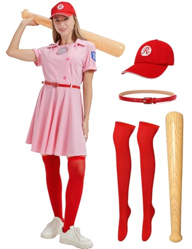 KUKIKUKI Baseball Kostüm Frauen Baseball Kleid Uniform mit Baseballmütze für Halloween (Rosa, L) von KUKIKUKI