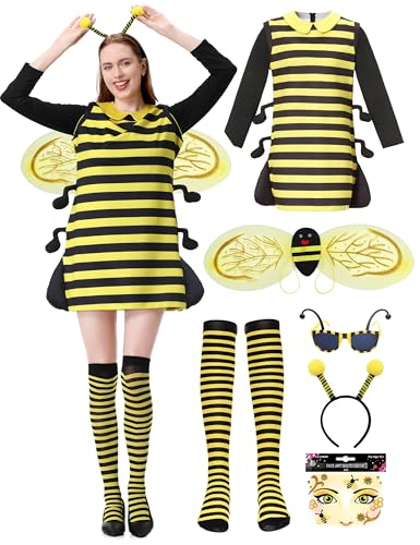 KUKIKUKI Bienen kostüm für Damen Faschings-Kostüme mit Flügeln, Beinärmel und Haarreif für Erwachsene Karneval Dress Up Party Cosplay (L) von KUKIKUKI