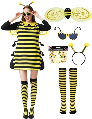 KUKIKUKI Bienen kostüm für Damen Faschings-Kostüme mit Flügeln, Beinärmel und Haarreif für Erwachsene Karneval Dress Up Party Cosplay (L) von KUKIKUKI