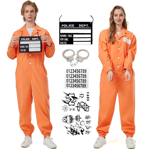 KUKIKUKI Häftling Kostüm Herren Orange Prisoner Costume Damen Sträfling Kostüm Halloween Orange Gefangener Prisoner Overall für Erwachsener Gefängnis Kostüm von KUKIKUKI