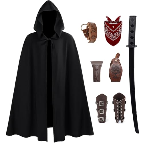 KUKIKUKI Herren Renaissance Umhang Mittelalter Kostüm Wikinger Kleidung Set Halloween Karneval Cosplay Kapuzenumhang mit Zubehör (L) von KUKIKUKI