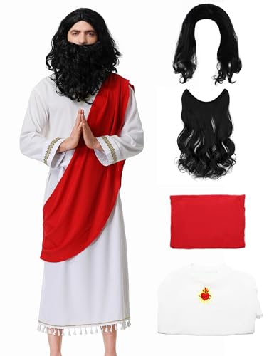 KUKIKUKI Jesus Kostüm Biblisches Gewand Hirte Halloween Cosplay Religiöse Outfits mit Perücke Schnurrbart Set für Erwachsene (WEISS, 2XL) von KUKIKUKI