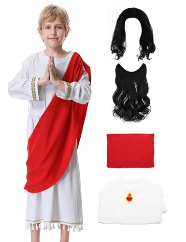KUKIKUKI Jesus Kostüm Biblisches Gewand Hirte Halloween Cosplay Religiöse Outfits mit Perücke Schnurrbart Set für Kinder (WEISS, 110) von KUKIKUKI