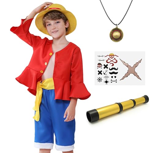 KUKIKUKI Kinder Kostüm Strohhut Cosplay Dress Up für Halloween Comic Con Anime Party für Kinder Kleinkind Jungen im Alter von 3 und 12 (ROTE, 110) von KUKIKUKI
