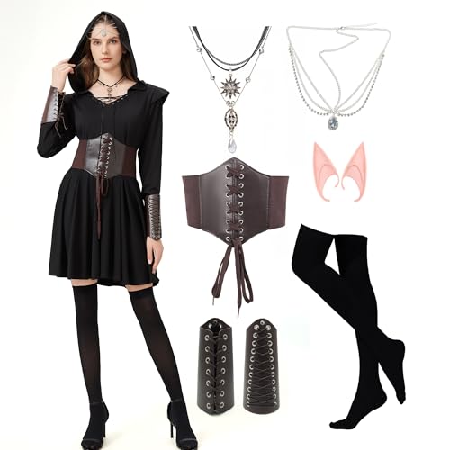 KUKIKUKI Mittelalter Kleidung Damen Gothic Kleid Elfen Kostüm Damen Mittelalterliches Kapuzenkleid Set, Mittelalter Kostüm Damen Renaissance Kleid fur Erwachsene mit Zubehör von KUKIKUKI