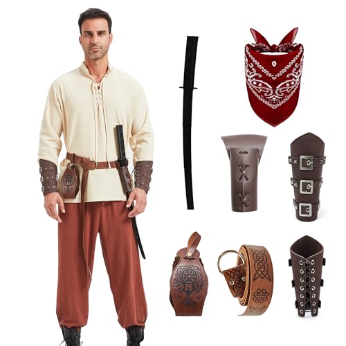 KUKIKUKI Mittelalter Kleidung Herren Renaissance Kostüm Set Mittelalterliches Piratenhemd Hose mit Zubehör 9 Stück Halloween Karneval Cosplay Wikinger kostüm (Braun, L) von KUKIKUKI