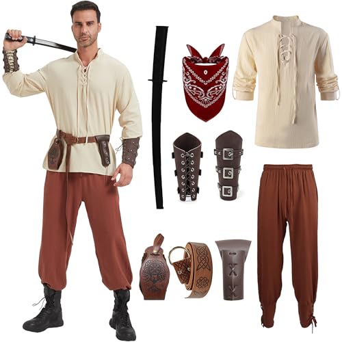 KUKIKUKI Mittelalter Kleidung Herren Renaissance Kostüm Set Mittelalterliches Piratenhemd Hose mit Zubehör 9 Stück Halloween Karneval Cosplay Wikinger kostüm (Braun, L) von KUKIKUKI