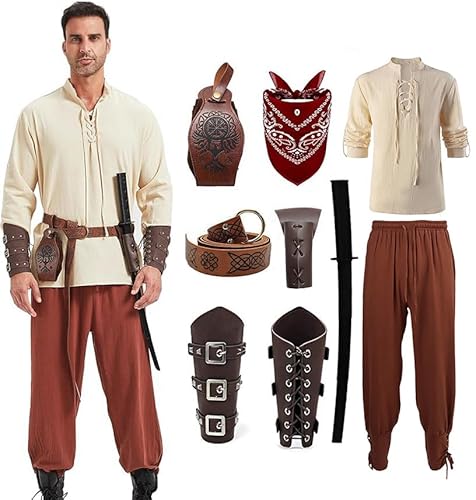 KUKIKUKI Mittelalter Kleidung Herren Renaissance Kostüm Set Mittelalterliches Piratenhemd Hose mit Zubehör 9 Stück Halloween Karneval Cosplay Wikinger kostüm (Braun, M) von KUKIKUKI