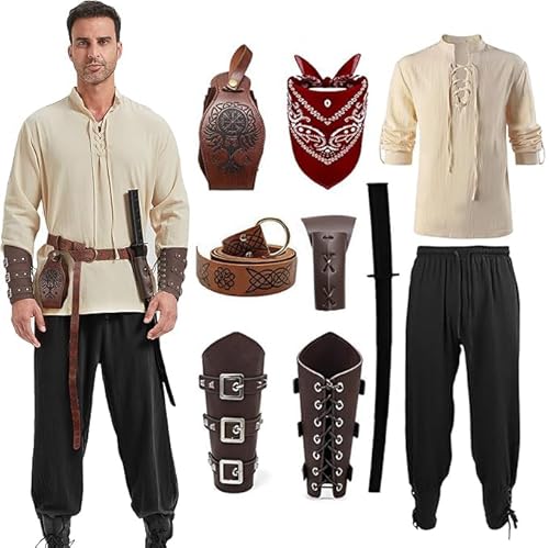 KUKIKUKI Mittelalter Kleidung Herren Renaissance Kostüm Set Mittelalterliches Piratenhemd Hose mit Zubehör 9 Stück Halloween Karneval Cosplay Wikinger kostüm (Schwarz, 3XL) von KUKIKUKI