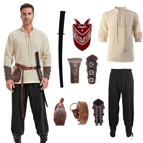 KUKIKUKI Mittelalter Kleidung Herren Renaissance Kostüm Set Mittelalterliches Piratenhemd Hose mit Zubehör 9 Stück Halloween Karneval Cosplay Wikinger kostüm (Schwarz, L) von KUKIKUKI