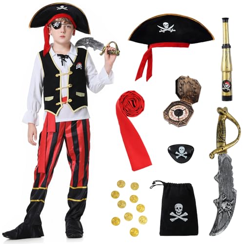 KUKIKUKI Piratenkostüm für Kinder Piratenkostüm Junge, Pirate Costume Kids Jungen Pirat Outfit mit Zubehör Set, Halloween Karneval Piraten Kostüm für Kinder 3 4 5 6 7 8 9 10 11 12 Jahre von KUKIKUKI