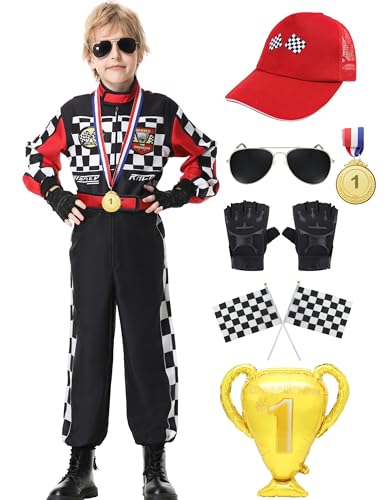 KUKIKUKI Rennfahrer Kostüm Jungen Racer Jumpsuit Halloween Cosplay Dress Up mit Handschuhen Sonnenbrille Auto Kappe für Kinder Kleinkind (Schwarz, 110) von KUKIKUKI