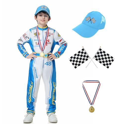 KUKIKUKI Rennwagenfahrer Kostüm Jungen Racer Overall mit Auto Kappe Kinder verkleiden sich für Halloween (Blau, 130) von KUKIKUKI