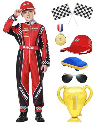 KUKIKUKI Rennwagenfahrer Kostüm Jungen Racer Overall mit Auto Kappe Kinder verkleiden sich für Halloween (Rotes Set, 120) von KUKIKUKI