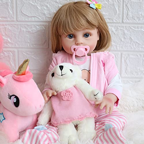 KUMIHO 43CM Reborn Baby Puppen Lebensechte Babypuppe Dolls Vinyl Neugeborenes Handgefertigtes schlafendes Mädchen Blondes Haar und Blaue Augen. von KUMIHO