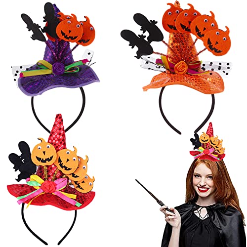 KUNHUI Halloween Hexen Kürbis Hut, 3 Stück Halloween Hexe Kürbis Haarschmuck Stirnbänder, Halloween Dekoration für Karneval Maskerade Halloween Party Cosplay Dress-up (Orange, Rot, Lila) von KUNHUI