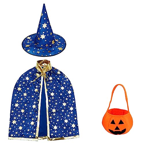 Kind Halloween Kostüm, 3 Stück Zauberer Mantel, Hexen Mantel Stern Cape Zauberhut Mit Hut Outfit Kürbis Süßigkeiten Tasche, für 3-12 Kinder Jungen Mädchen Cosplay Party Halloween-Karneval (Blau) von KUNHUI