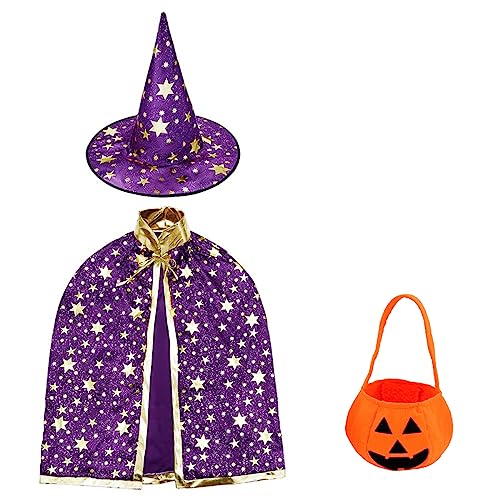 Kind Halloween Kostüm, 3 Stück Zauberer Mantel, Hexen Mantel Stern Cape Zauberhut Mit Hut Outfit Kürbis Süßigkeiten Tasche, für 3-12 Kinder Jungen Mädchen Cosplay Party Halloween-Karneval (Lila) von KUNHUI