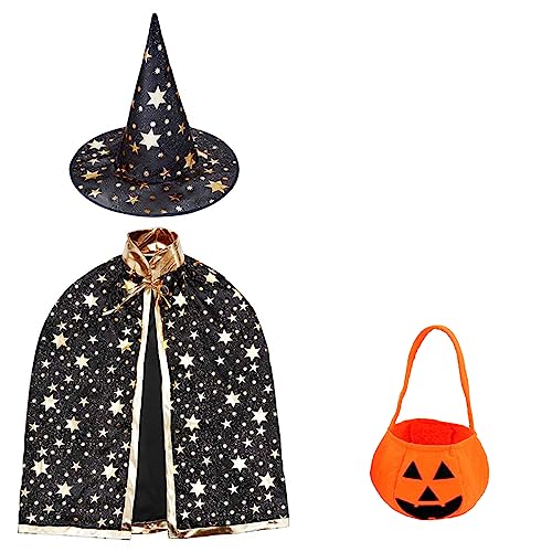 Kind Halloween Kostüm, 3 Stück Zauberer Mantel, Hexen Mantel Stern Cape Zauberhut Mit Hut Outfit Kürbis Süßigkeiten Tasche, für 3-12 Kinder Jungen Mädchen Cosplay Party Halloween-Karneval (Schwarz) von KUNHUI