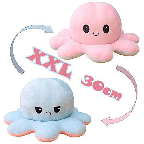 KUNSTIFY Oktupus Stimmungs Kuscheltier XXL Oktopus Plüsch wenden XXL Mood Octopus Plüschtier XXL Kuscheltier groß, riesen Geschenke für Frauen Beste Freundin Kinder Geschenke 30cm Pink Hellblau von KUNSTIFY