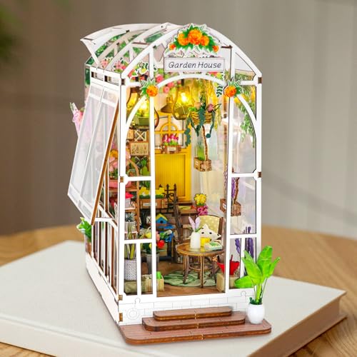 DIY Book Nook Kit Gartenhaus,DIY Booknook Diorama Buchstütze Modellbausatz 3D Puzzle Aus Holz Booknook Miniatur Haus Modellbausatz,Diorama Modelbau für Erwachsene, Bücherregal Deko,Miniatur Haus Kit von KUOFANY