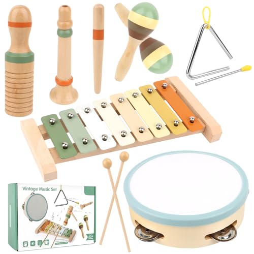 Musikinstrumente für Kinder Kinderspielzeug ab 3 Jahre, Holzspielzeug Baby Schlagzeug Kinder, holzspielzeug Trommel Xylophone für Kinder, Musikspielzeug mit Aufbewahrungstasche für Jungen Mädchen von KUOFANY