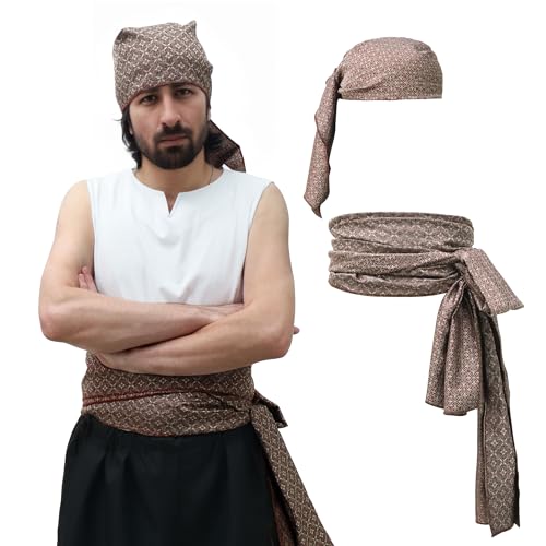 KUOIN Piraten-Schärpe und Kopftuch, Leinen, mittelalterliches Accessoire, Taillengürtel, Stirnband, Wüstenprinz, Bandana, 2 Stück, Brokat-02, Einheitsgröße von KUOIN