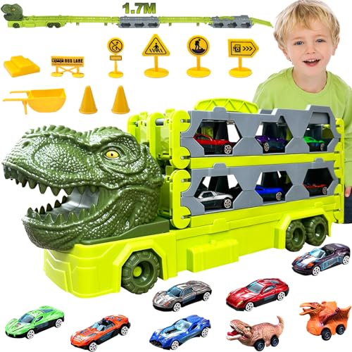 Autotransporter Spielzeug für ab 3 Jahre, 170cm Transport Truck Spielzeugautos, Tragbarer Dino LKW Spielzeug mit 6 Rennwagen, 2 Dinosaurier Rückziehautos, Auto Transporter Kinder 3 4 5 6 7 8 von KUPITM6