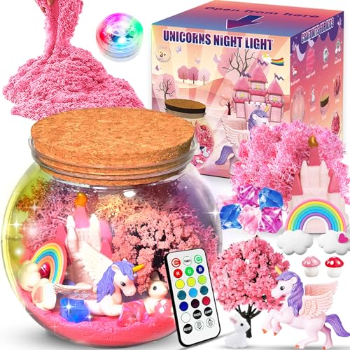 KUPITM6 Kinder Leuchtendes Einhorn Terrarium Set für Mädchen Alter 4, 5, 6, 7, 8–12 Jahren, Einhorn Geschenke Enthalten Magischem Sand, Kaninchen, DIY Einhorn Nachtlicht, Ideale Kunst Bastelgeschenke von KUPITM6