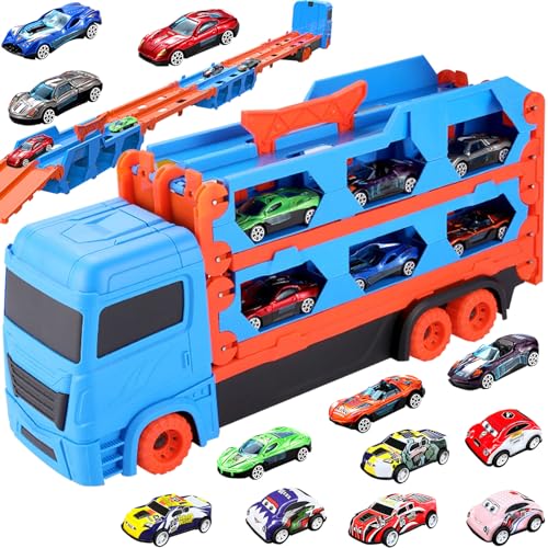 Transport Truck Spielzeugautos für Jungen im Alter von 3 4 5 6 7 Jahren, 170cm Autotransporter Spielzeug, Tragbarer LKW Spielzeug mit 6 Rennautos, 6 Rückziehautos, Transporter Fahrzeug Set Kinder von KUPITM6