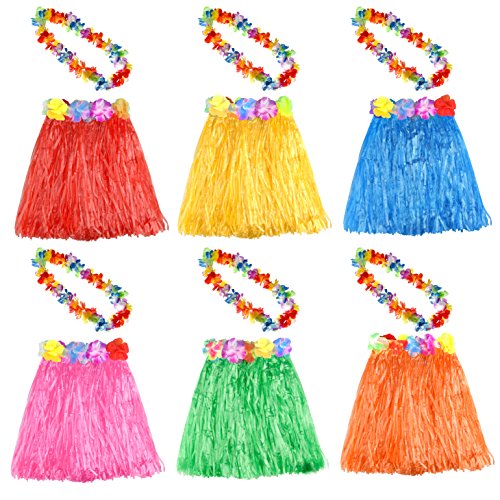 KUUQA 6er-Set, 12 Stück, Hawaii-Gras-Hula-Rock mit Leis-Halskette, Hawaii-Luau-Röcke, Halskette, Kostüm für Kinder und Mädchen, Luau-Geburtstagsparty-Geschenkzubehör (zufällige Farbe) von KUUQA